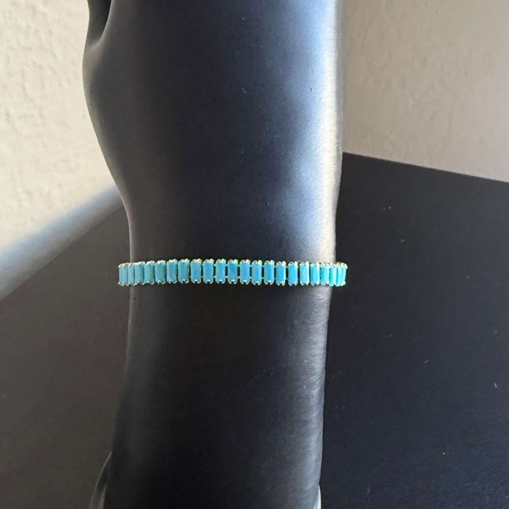 18K Gold Filled Turquoise Baguette Tennis Bracelet - Tarnish Resistant 7.5”